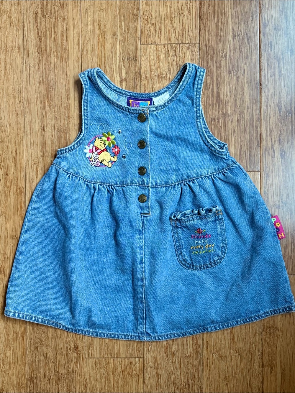 Vintage Y2K 90s Disney Winnie The Pooh 100 Acre Collection Denim Dress sz 24m